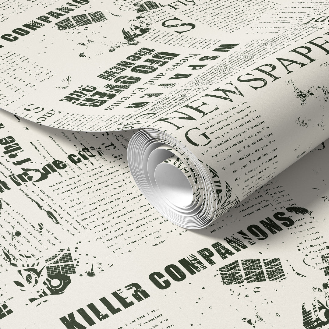 Roll of vintage newspaper collage wallpaper in black and white print