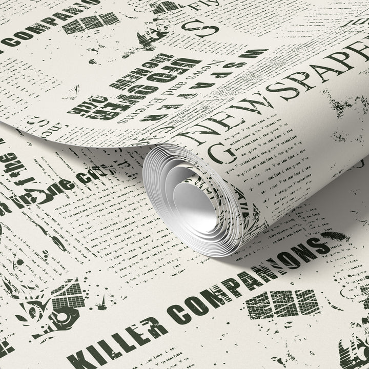 Roll of vintage newspaper collage wallpaper in black and white print