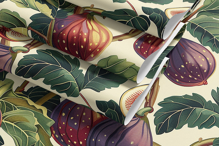 Cream fig and leaf wallpaper with a purple speckled vintage botanical pattern shown on overlapping samples.