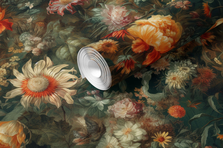 Warm orange and cream vintage floral wallpaper with lush greenery shown on a rolled wallpaper sample.