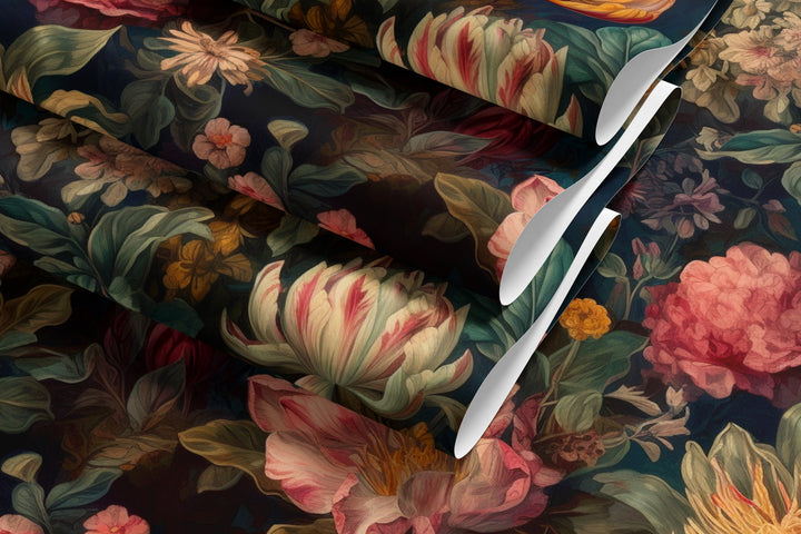 Dahlia Wallpaper Dark Teal with Pink & Orange Vintage Floral Pattern shown in multiple rolled wallpaper sheets.