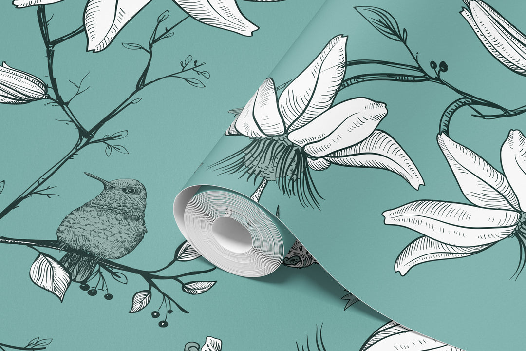 Roll of Aqua Green Hummingbird Wallpaper featuring a botanical floral bird pattern.