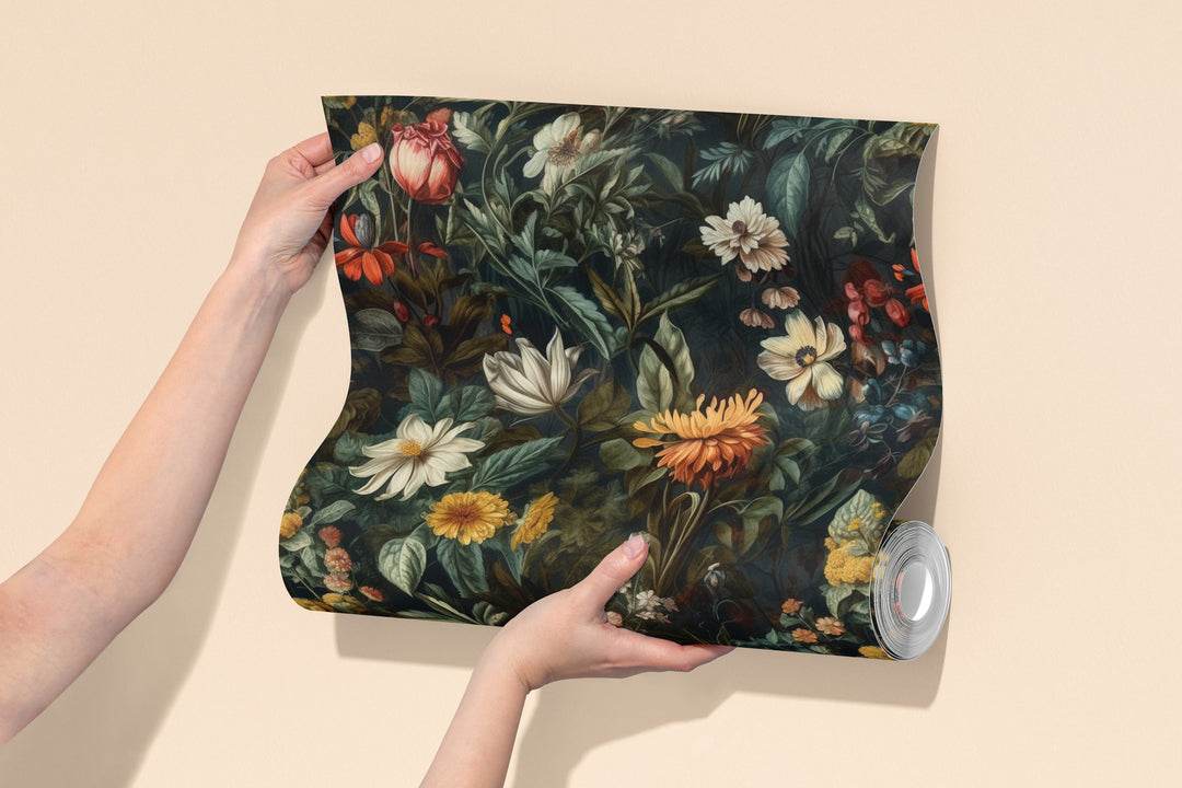 Dahlia Wallpaper Golden Cream Vintage Floral Garden Pattern shown in a rolled wallpaper sample.