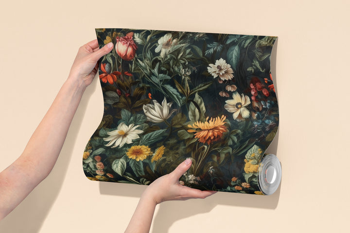 Dahlia Wallpaper Golden Cream Vintage Floral Garden Pattern shown in a rolled wallpaper sample.