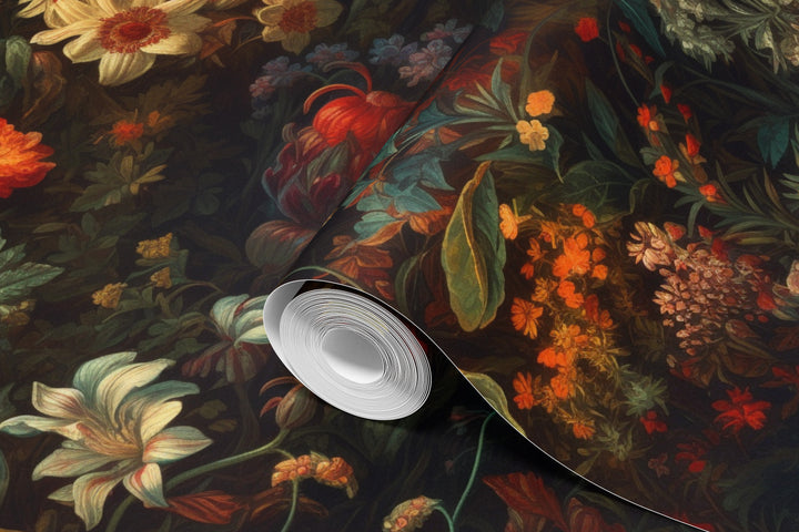 Dahlia Wallpaper Orange & Deep Green Floral Pattern shown in a rolled wallpaper sample.