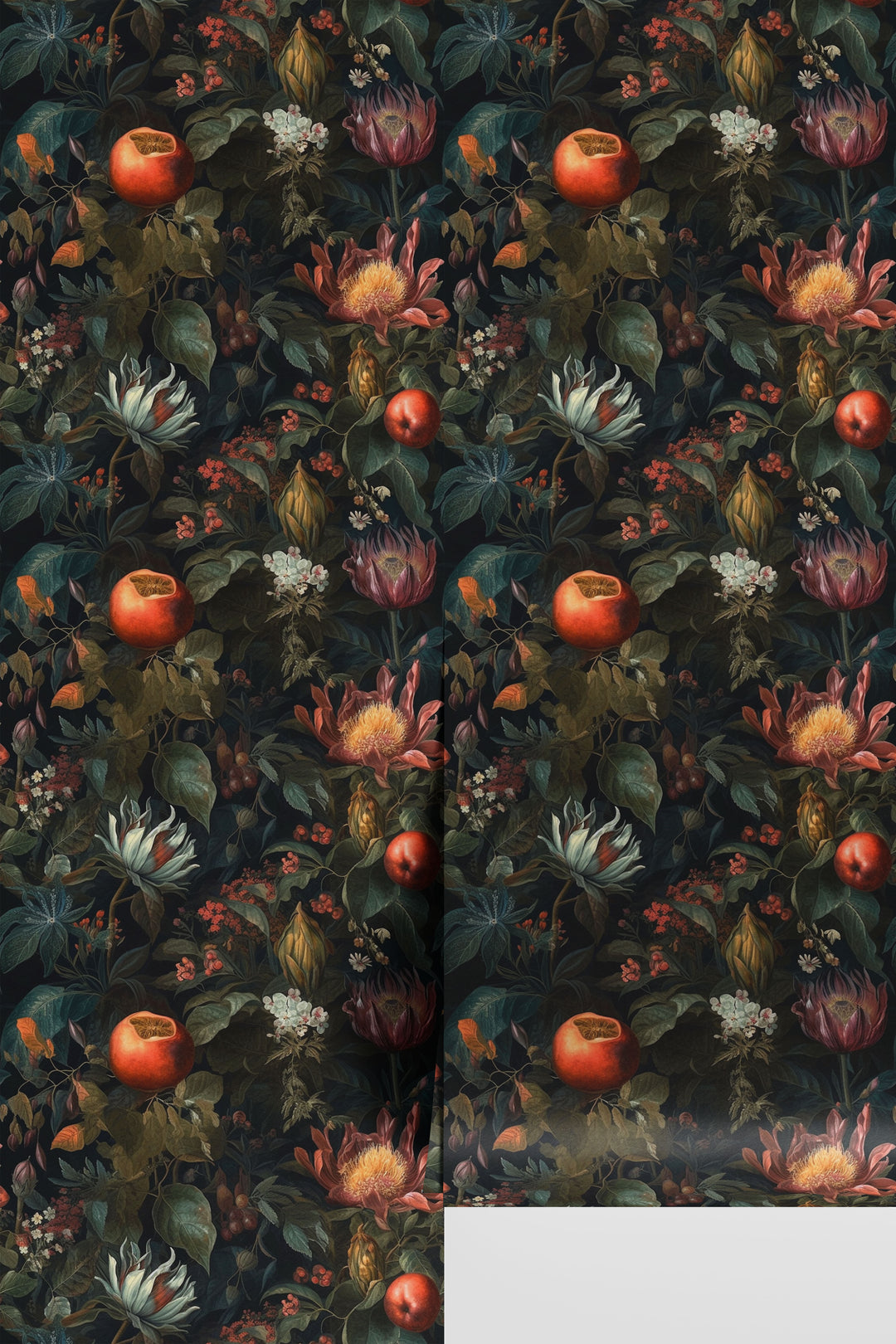 Dark botanical wallpaper featuring red pomegranates, exotic flowers, berries, and lush green foliage on a rolled wallpaper sample.
