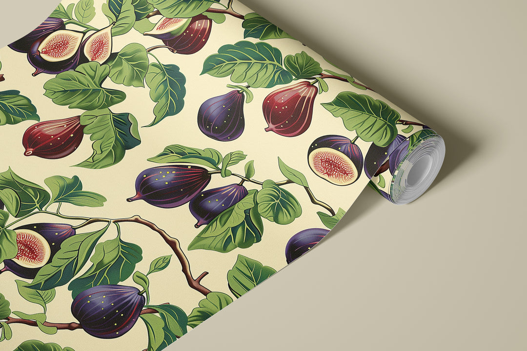 Cream purple fig wallpaper with a bright green botanical pattern shown on a rolled wallpaper sheet.