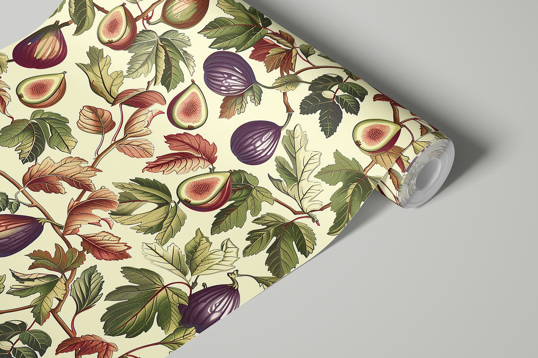 Ivory fig and leaf wallpaper with autumn botanical fruit pattern shown in a rolled sample.