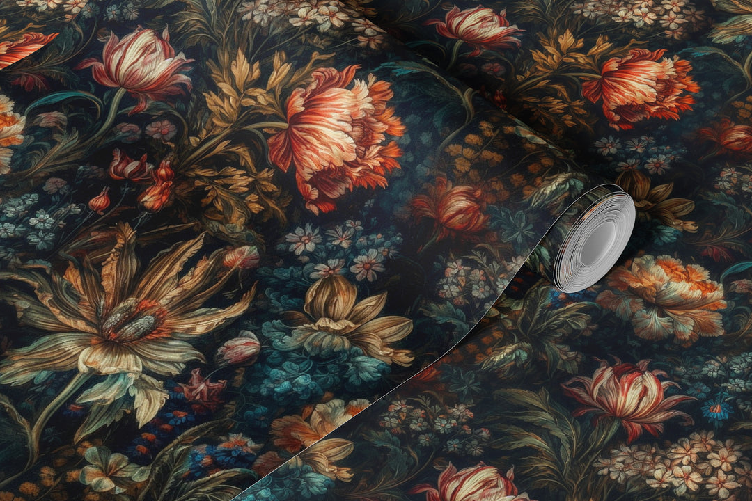 Dahlia Wallpaper Red & Cream Vintage Floral Pattern roll wallpaper sample.