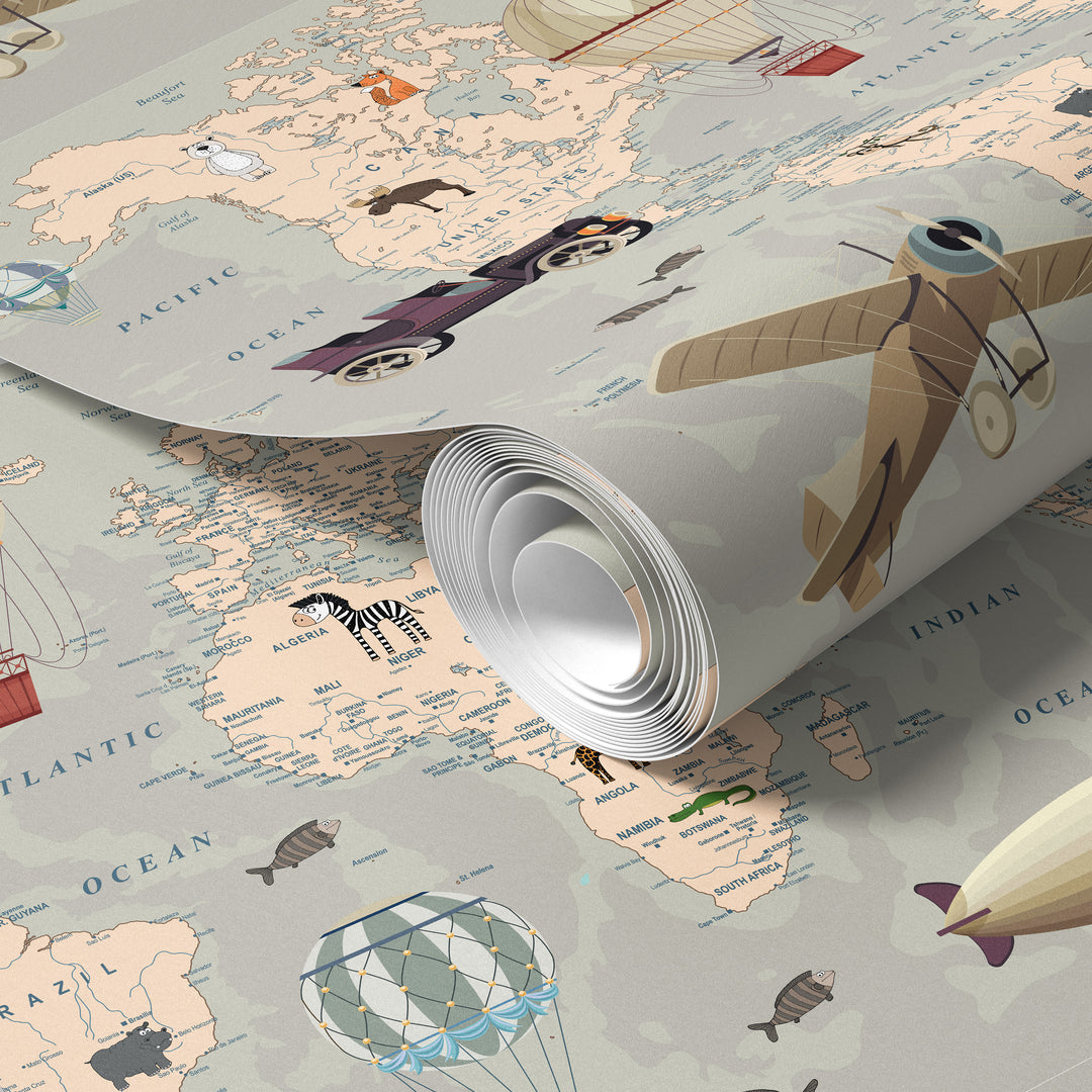 Neutral world map wallpaper roll with vintage travel illustrations, airplanes, hot air balloons, and classic adventure design
