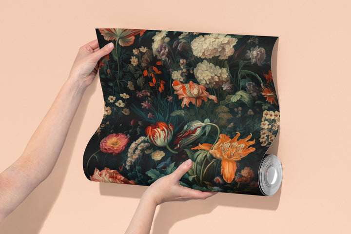 Dahlia Wallpaper Orange & Cream Vintage Floral Garden Pattern in a rolled wallpaper sample.