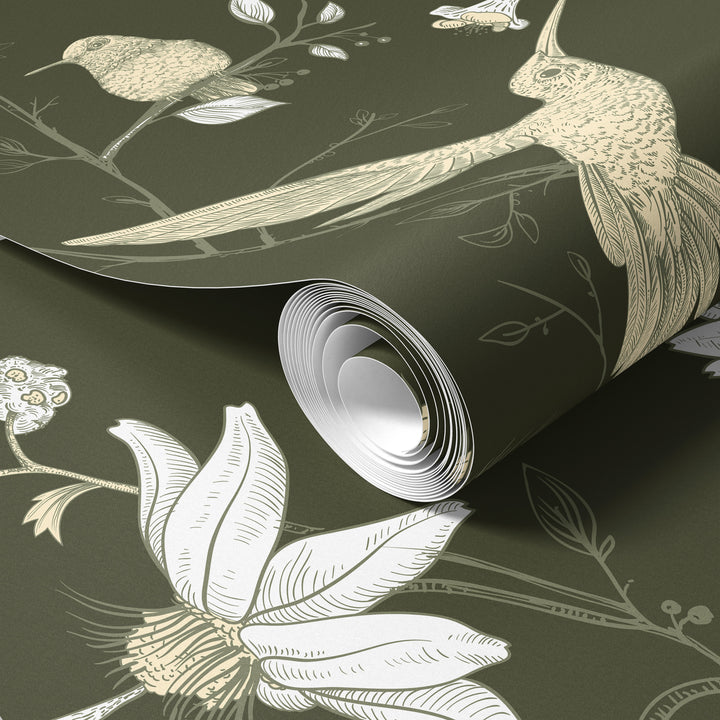 Roll of olive green hummingbird wallpaper featuring a botanical floral bird pattern