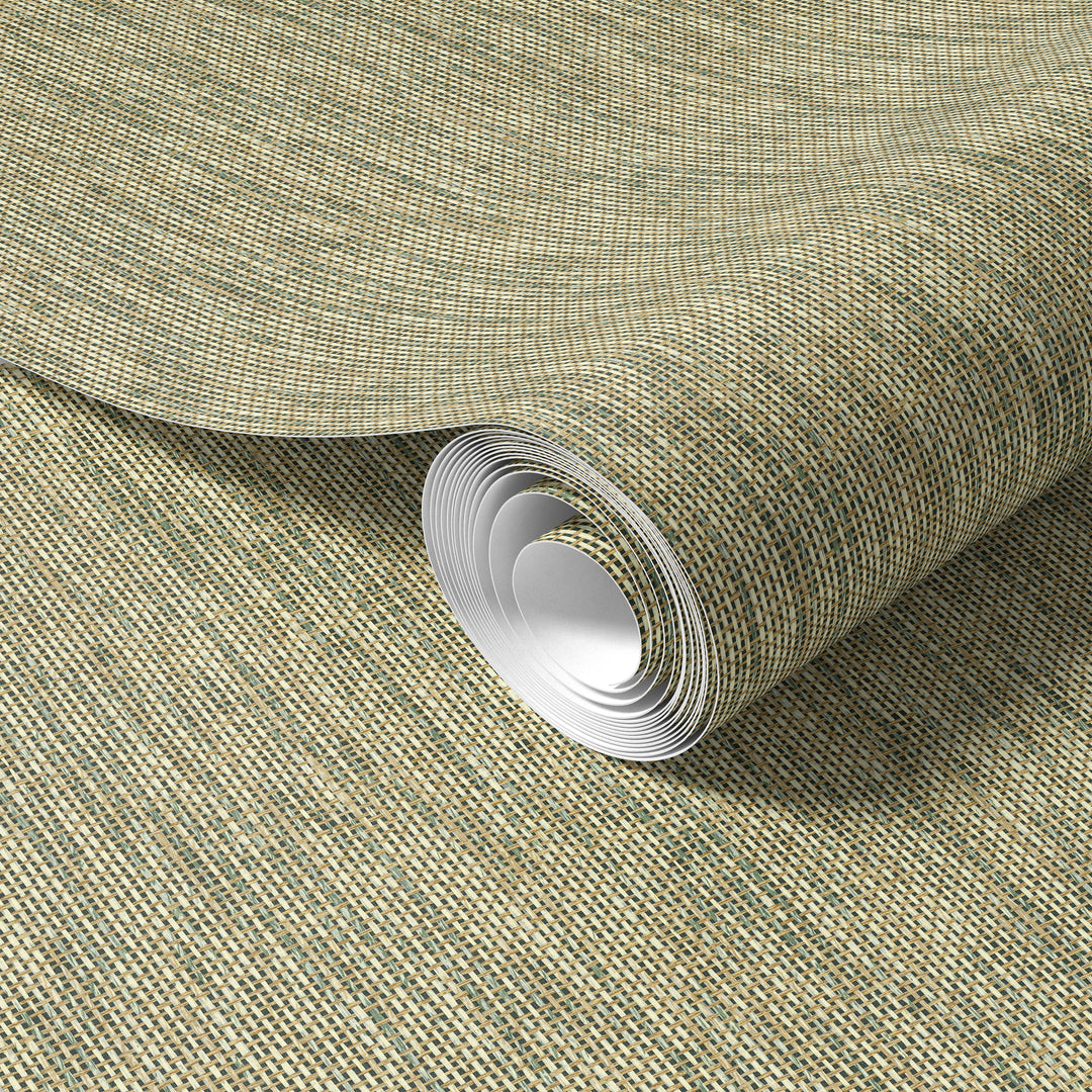 Rolled faux paper weave wallpaper in natural beige and muted olive green woven texture
