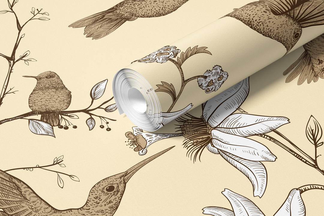 Roll of cream hummingbird wallpaper featuring a vintage botanical floral bird pattern