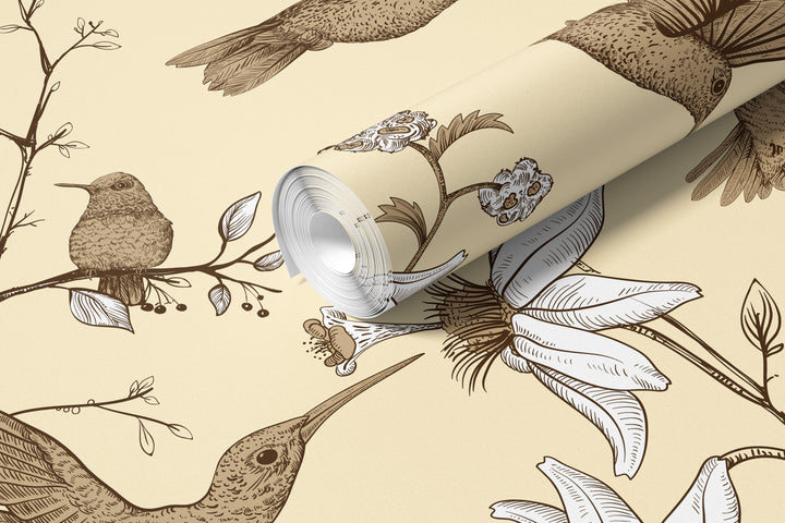 Roll of cream hummingbird wallpaper featuring a vintage botanical floral bird pattern
