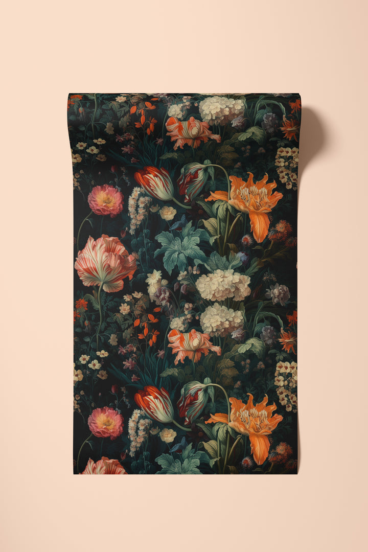 Dahlia Wallpaper Orange & Cream Vintage Floral Garden Pattern shown in a wallpaper sample.