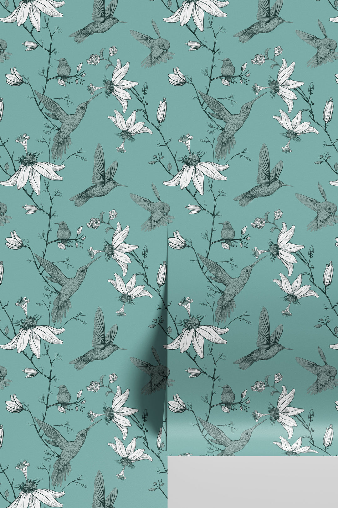 Roll of Aqua Green Hummingbird Wallpaper featuring a botanical floral bird pattern.