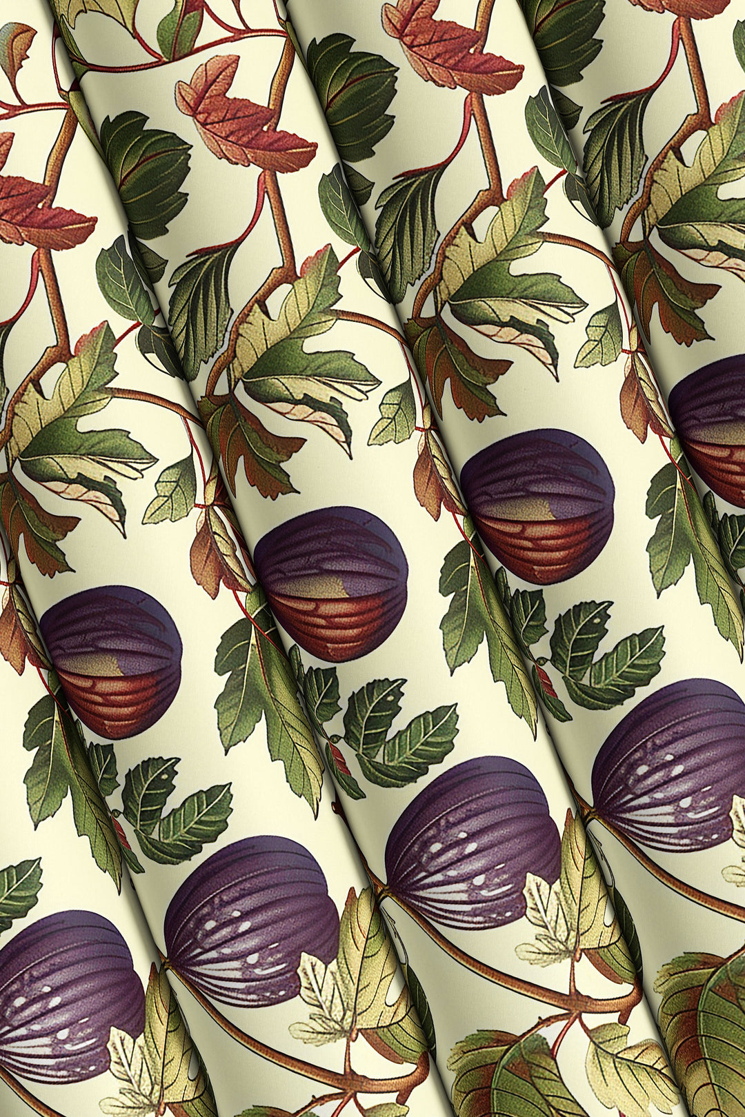 Ivory fig and leaf wallpaper with autumn botanical fruit pattern shown in folded rolls.
