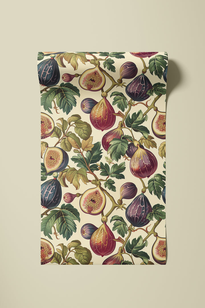 Cream fig and leaf wallpaper with vintage plum botanical pattern shown in a rolled sample.