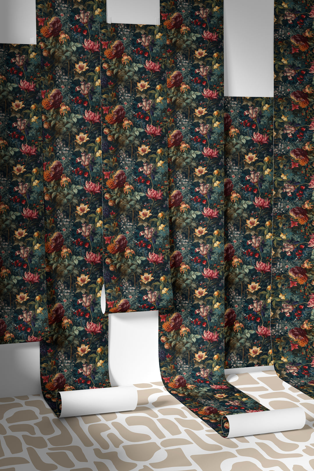 Dahlia Wallpaper Burgundy & Pink Vintage Floral Garden Pattern shown in multiple hanging wallpaper samples.
