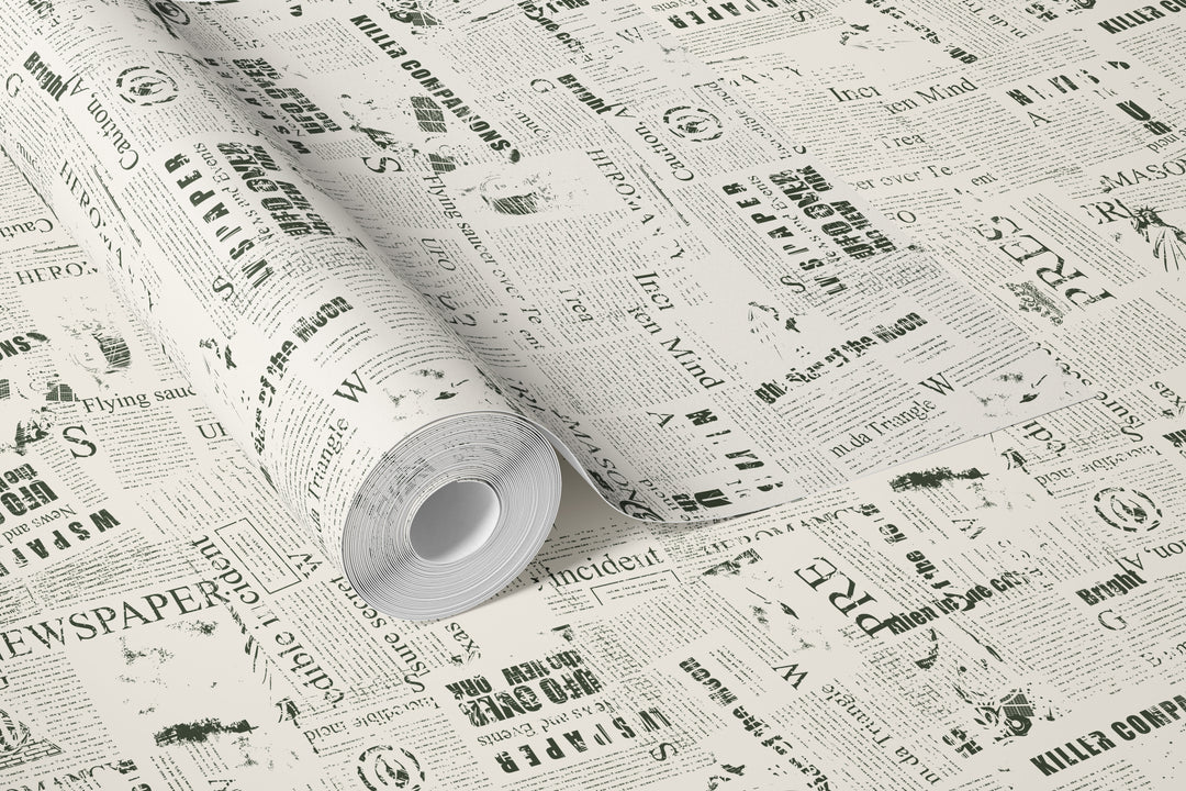 Roll of vintage newspaper wallpaper in black and white print with collage text design