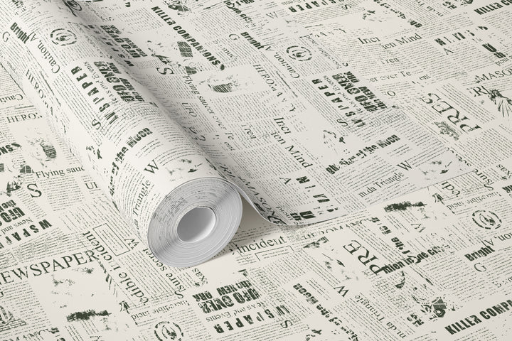 Roll of vintage newspaper wallpaper in black and white print with collage text design