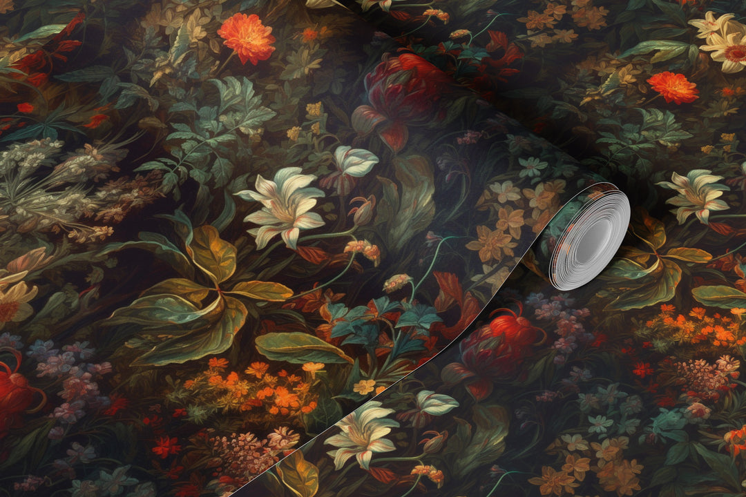 Dahlia Wallpaper Orange & Deep Green Floral Pattern shown in a rolled wallpaper sample.
