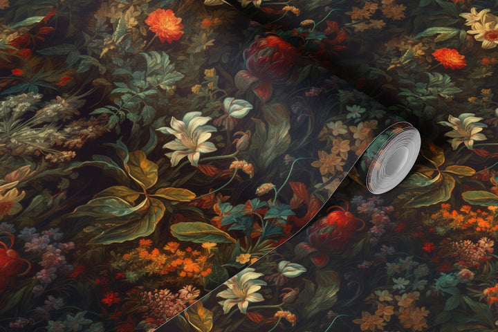 Dahlia Wallpaper Orange & Deep Green Floral Pattern shown in a rolled wallpaper sample.