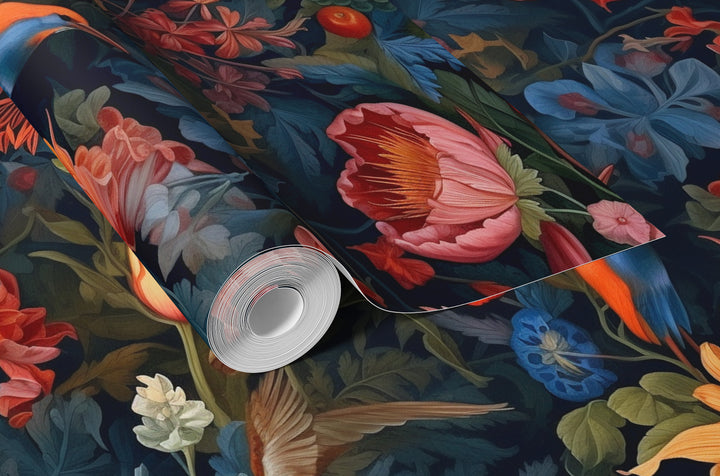 Dahlia Wallpaper Colorful Botanical Garden with Birds Pattern shown in a rolled wallpaper sample.
