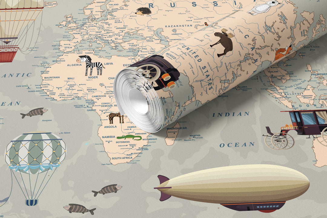 Roll of neutral world map wallpaper with vintage travel illustrations, airplanes, hot air balloons, and classic adventure design