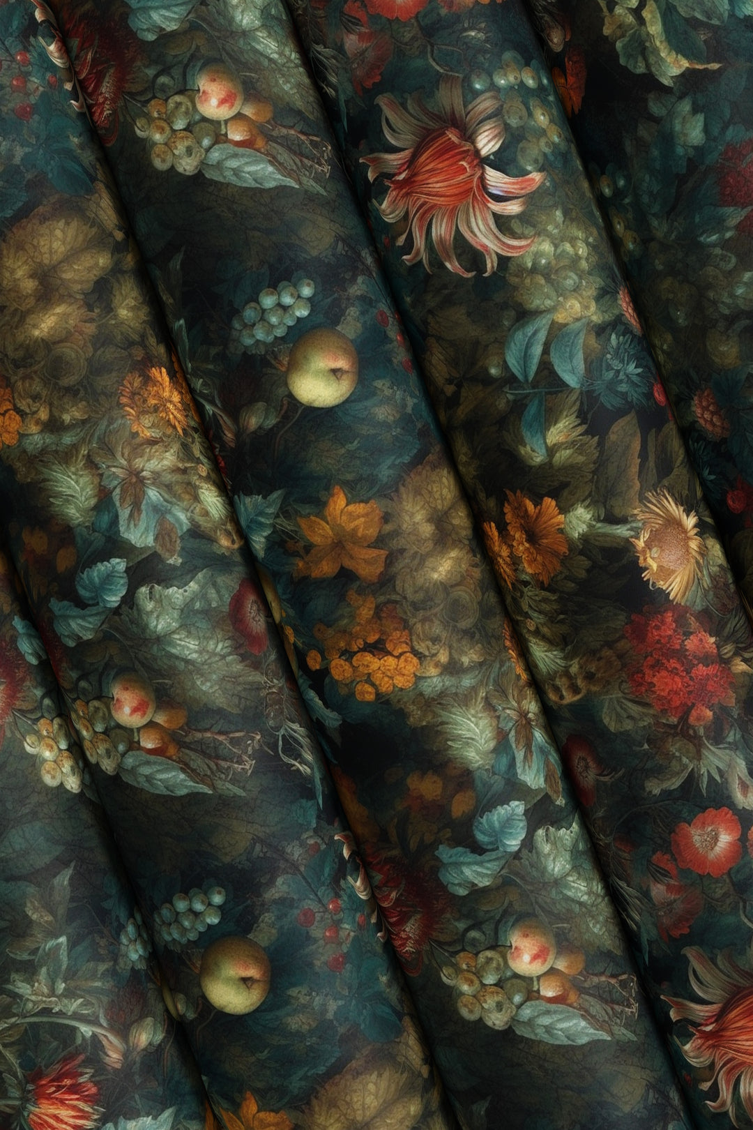 Dark teal vintage botanical wallpaper with flowers, apples, berries, leaves, and foliage displayed in folded wallpaper rolls.