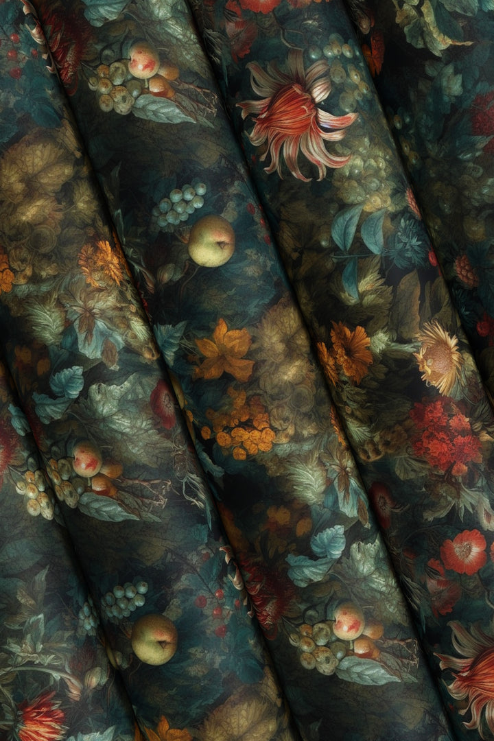 Dark teal vintage botanical wallpaper with flowers, apples, berries, leaves, and foliage displayed in folded wallpaper rolls.