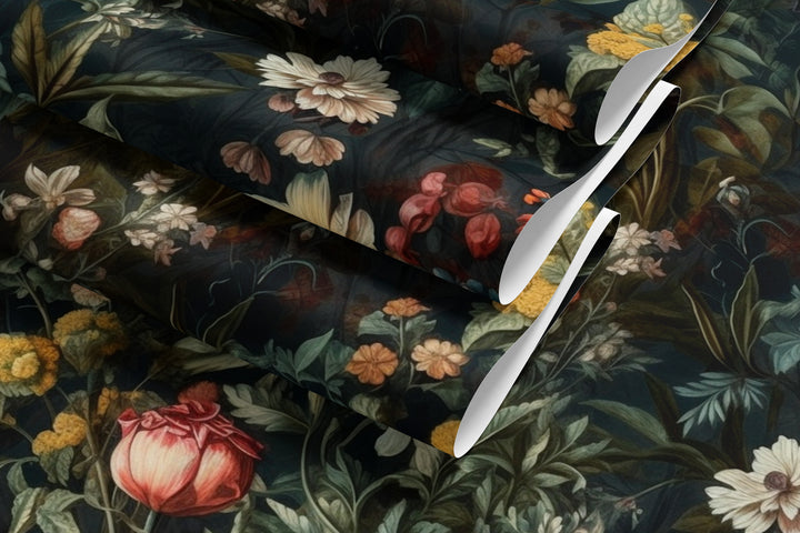 Dahlia Wallpaper Golden Cream Vintage Floral Garden Pattern shown in overlapping wallpaper samples.