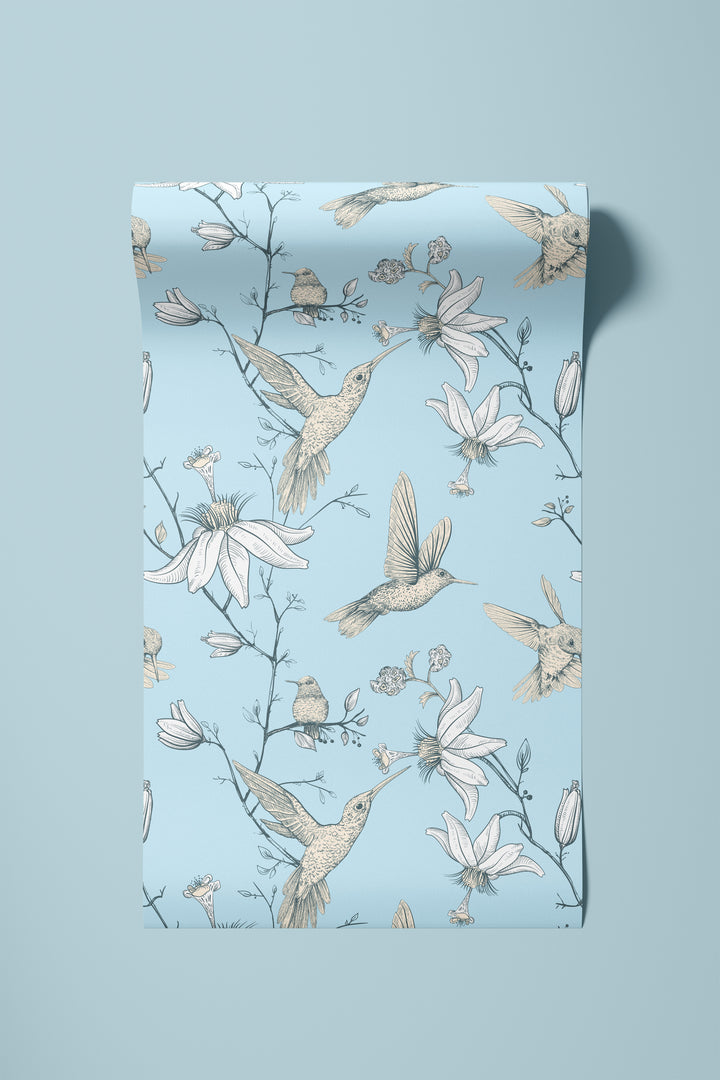 Roll of light blue hummingbird wallpaper featuring a botanical floral bird pattern