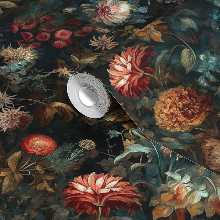 Dahlia Wallpaper Rust & Teal Vintage Floral Garden Pattern shown in a rolled wallpaper sample.
