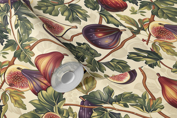 Ivory fig and leaf wallpaper with a vintage botanical pattern in purple, shown in a rolled sample.