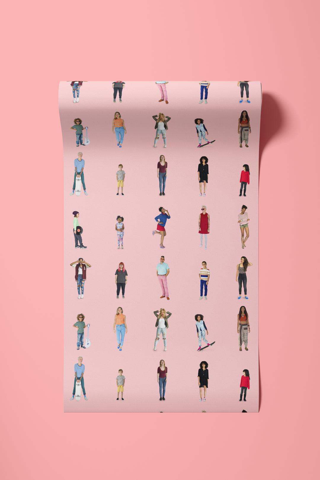 Roll of soft pink cutout people wallpaper with playful character pattern