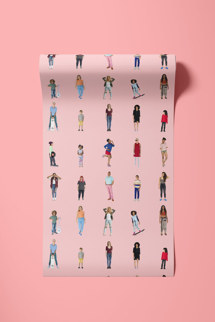 Roll of soft pink cutout people wallpaper with playful character pattern