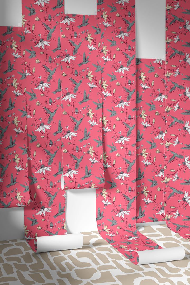 Coral Pink Hummingbird Wallpaper Roll with Vintage Botanical Floral Bird Pattern