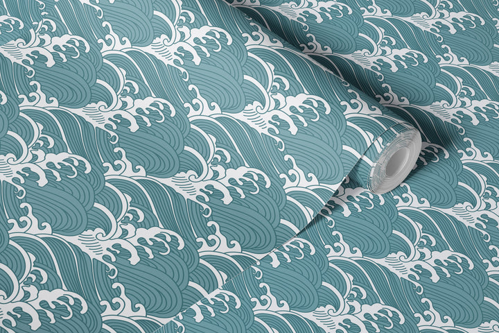 Unrolled teal blue Japanese wave wallpaper featuring a bold traditional ocean pattern