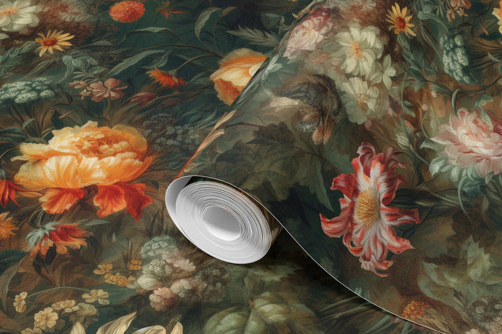 Warm orange and cream vintage floral wallpaper with lush green botanical foliage shown on a rolled wallpaper sample.