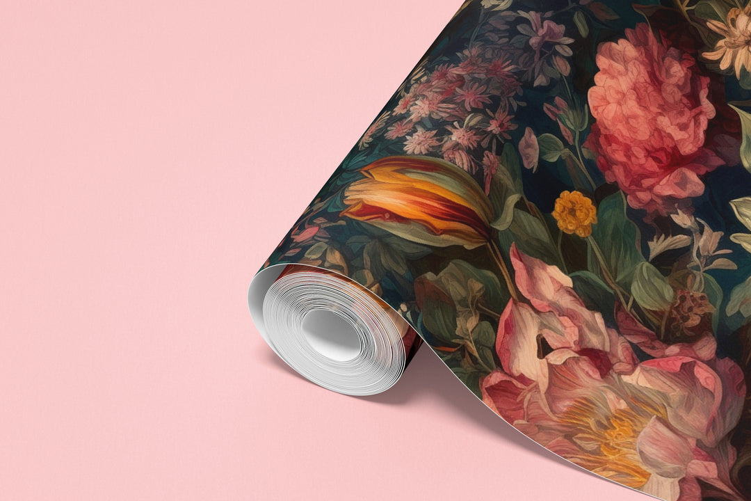 Dahlia Wallpaper Dark Teal with Pink & Orange Vintage Floral Pattern roll wallpaper sample.