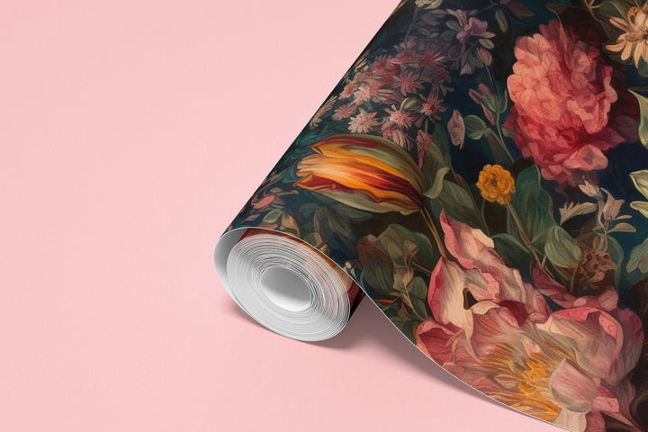 Dahlia Wallpaper Dark Teal with Pink & Orange Vintage Floral Pattern roll wallpaper sample.