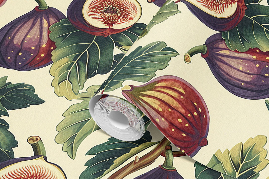 Cream fig and leaf wallpaper with a purple speckled vintage botanical pattern shown in rolled sample  wallpaper.