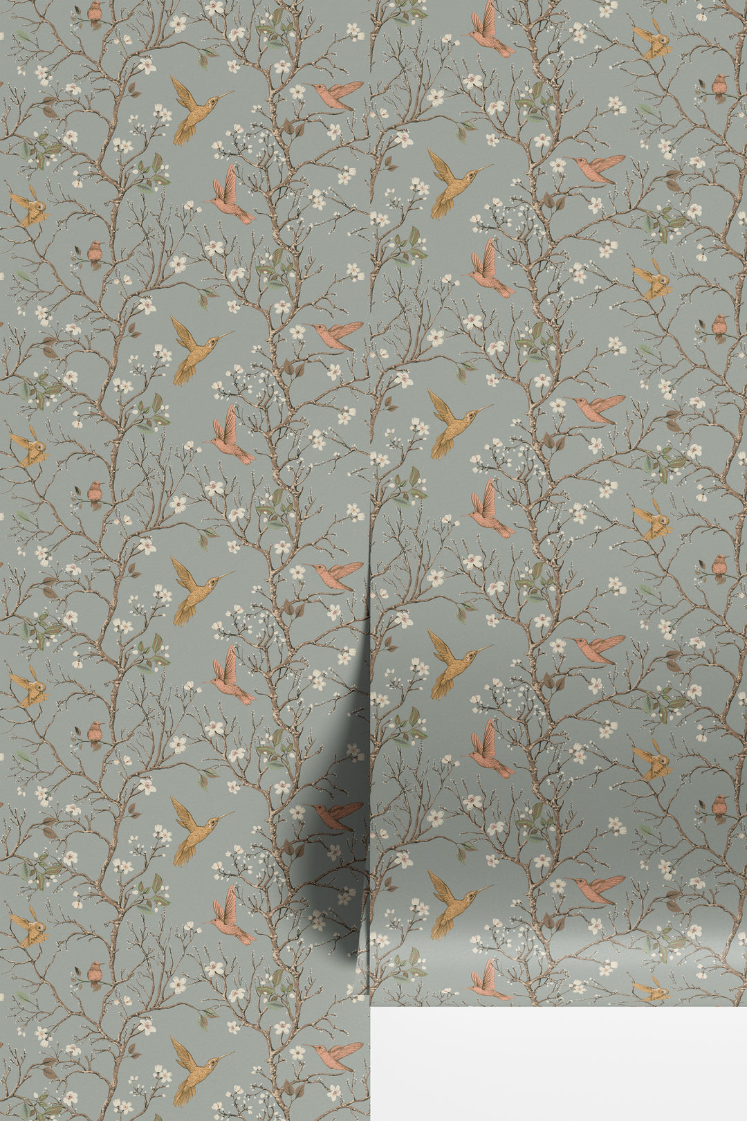 Sage gray hummingbird wallpaper with flowering branches and colorful birds displayed in overlapping wallpaper sheets.
