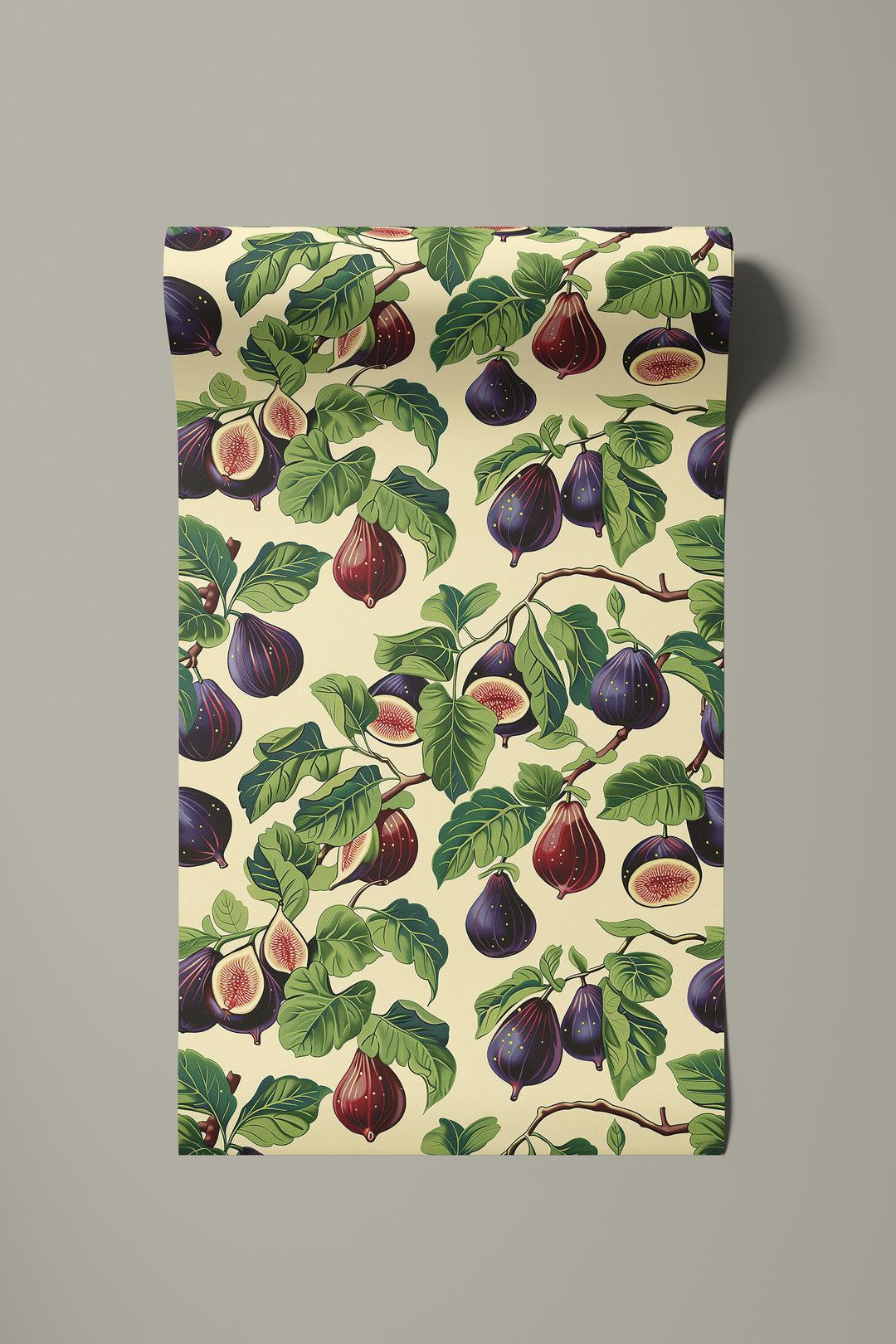 Cream purple fig wallpaper with a bright green botanical pattern shown on a rolled wallpaper sheet.
