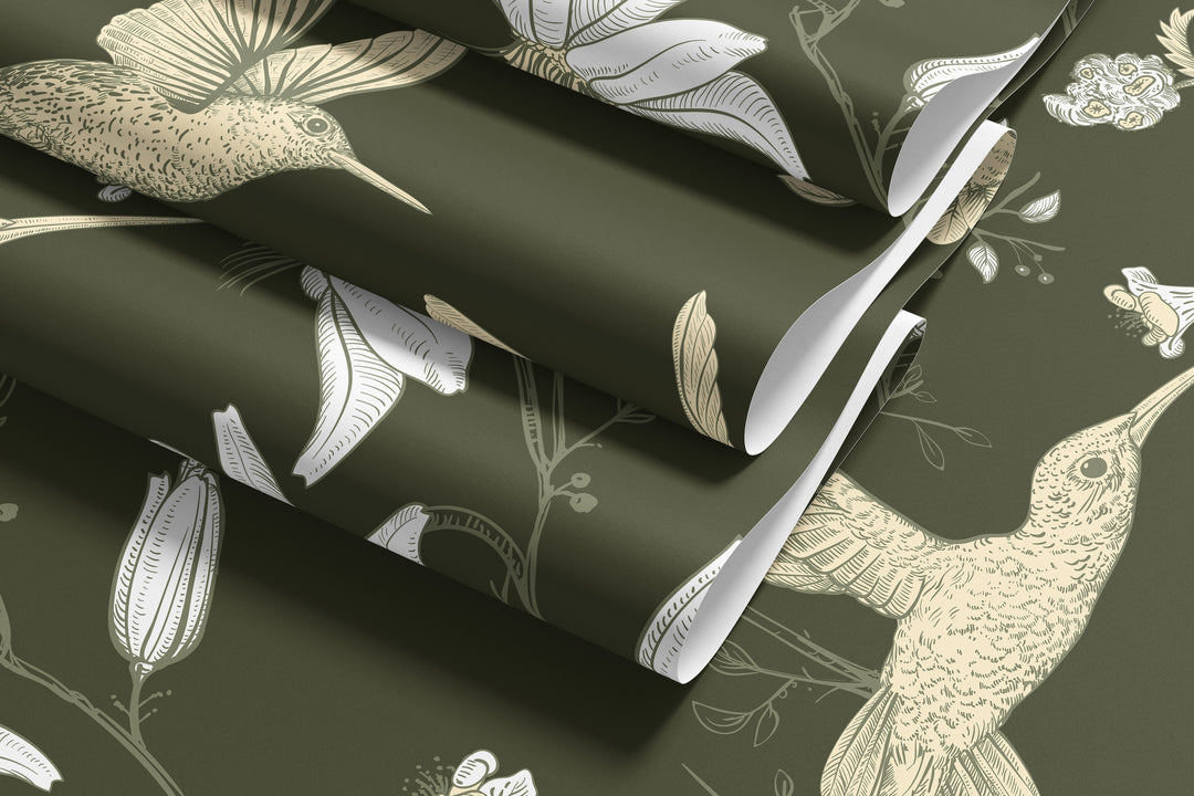 Layered olive green hummingbird wallpaper featuring a vintage botanical floral bird pattern
