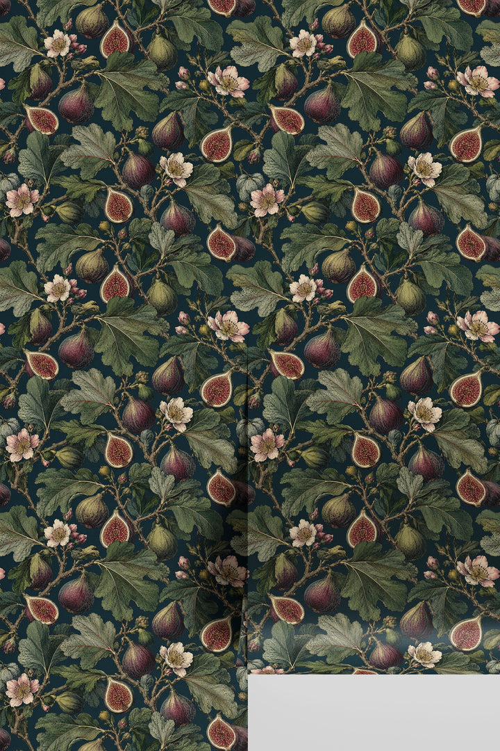 Dark teal vintage fig leaf botanical wallpaper pattern 3840 shown as a wallpaper sample