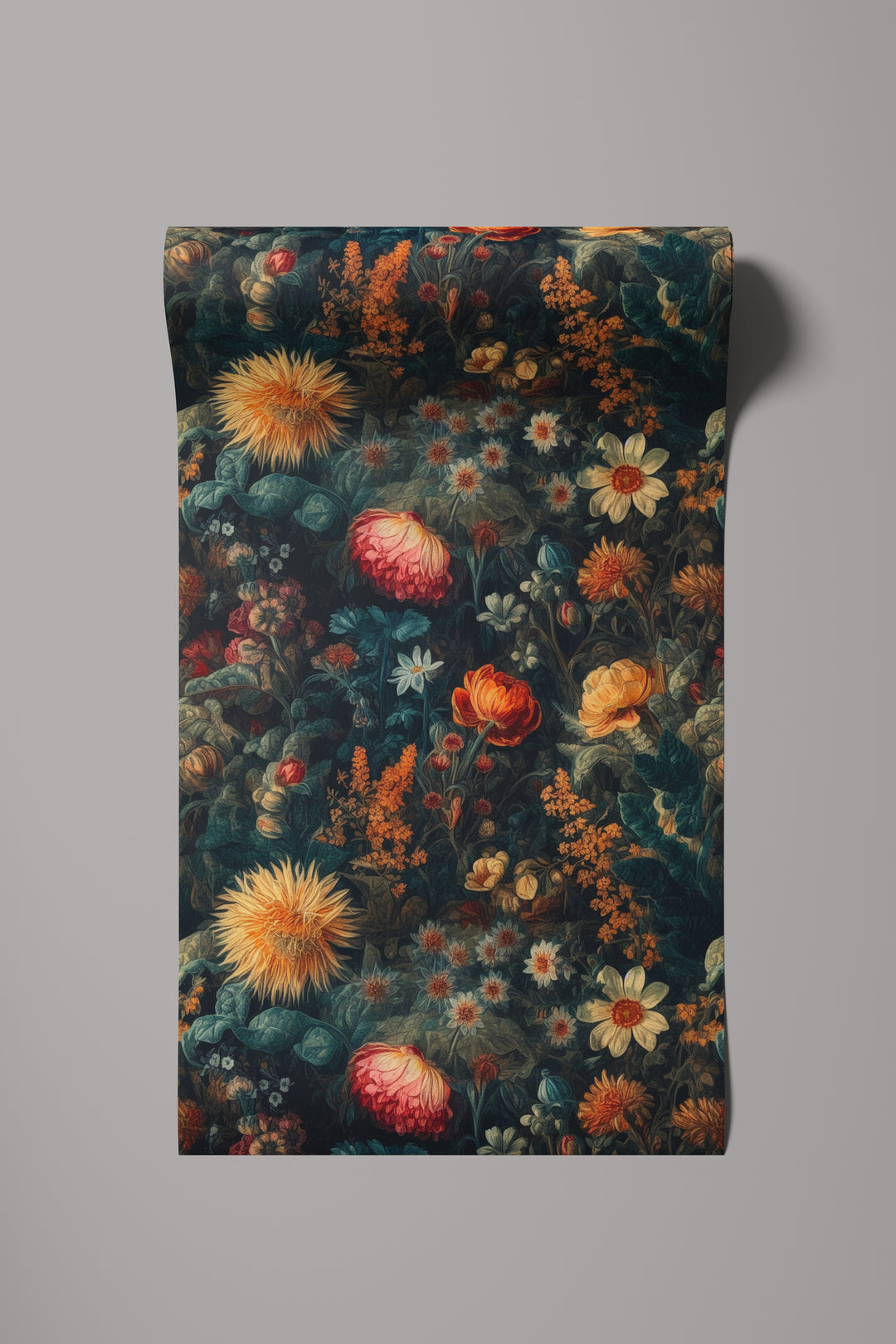 Dahlia Wallpaper Dark Teal & Golden Orange Vintage Botanical Floral Pattern roll wallpaper sample.