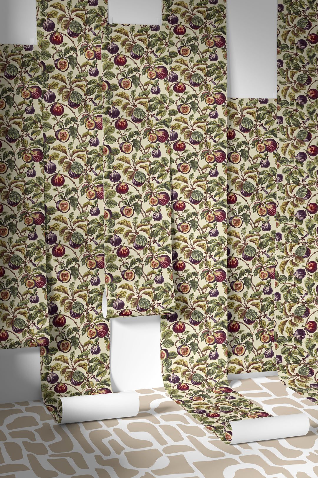 Cream plum fig wallpaper with a garden foliage pattern displayed in a wallpaper studio.